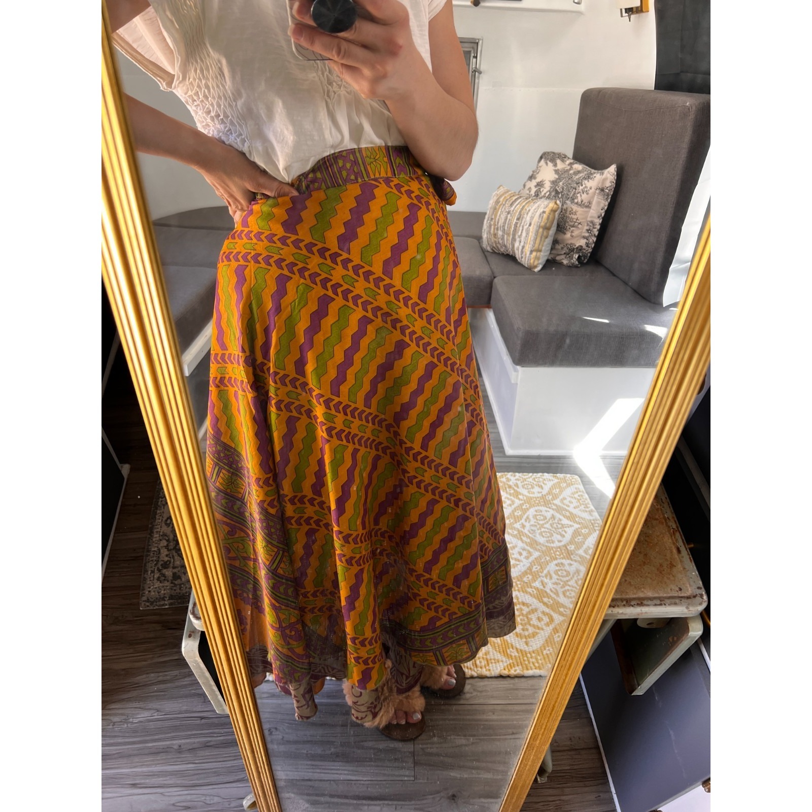 Silk Wrap Skirt Boho Ethnic Geometric Print Cotton Maxi Festival One Size Bright